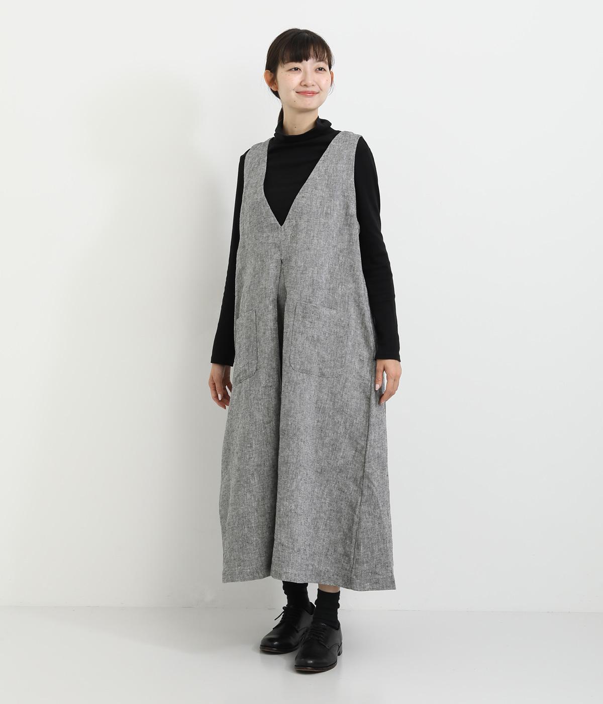 先染めシャンブレー起毛胸元多数ピンタックウエストギャザーV襟2wayノースリーブジャンパースカート(グレーシャンブレー-F)