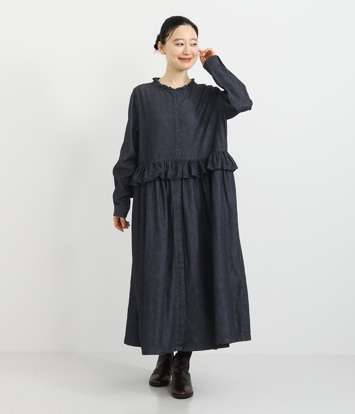ループ染めインディゴ襟&前後ウエストフリル加工途中比翼ウエストギャザー長袖ワンピース(インディゴループ染め-F)