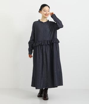 ループ染めインディゴ襟&前後ウエストフリル加工途中比翼ウエストギャザー長袖ワンピース(インディゴループ染め-F)
