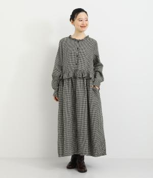 先染めチェック襟&前後ウエストフリル加工途中比翼ウエストギャザー長袖ワンピース(ギンガム-F)