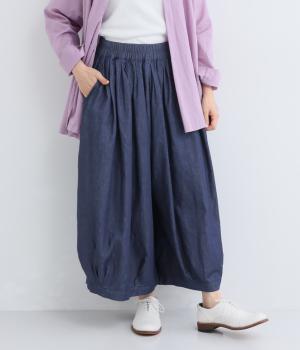リネンコットンデニム裾タックボリュームパンツ(インディゴ-F)