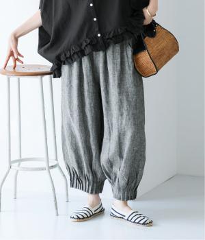 リネンシャンブレー裾ピンタックワイドパンツ(ブラックシャンブレー-F)