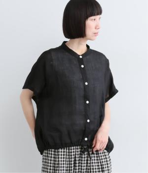 ラミーバンドカラー裾紐ギャザーフレンチスリーブシャツ(ブラック-F)