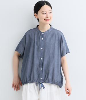 コットンデニムバンドカラー裾紐ギャザーフレンチスリーブシャツ(ライトブルー-F)