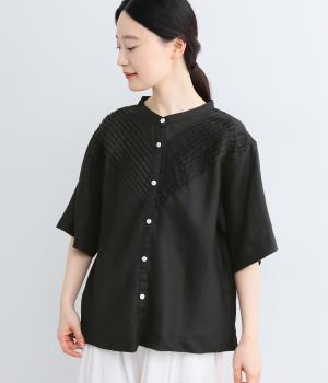 リネンバイアスピンタックスクエアブラウス(ブラック-F)