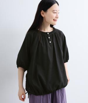 リネン裾絞りラグラン袖リブ付き2way半袖ブラウス(ブラック-F)