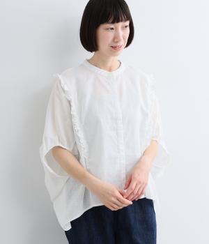 リネン胸切替フリル付き比翼ブラウス(オフ-F)