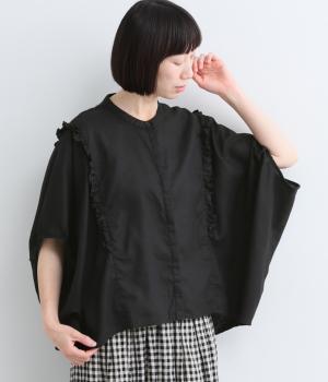 リネン胸切替フリル付き比翼ブラウス(ブラック-F)