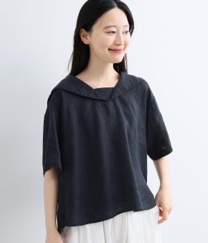 リネンピンタック入りセーラー襟半袖ブラウス(ネイビー-F)