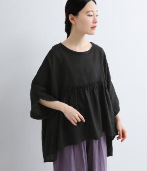 リネン胸元ピンタックコクーン半袖2wayブラウス(ブラック-F)