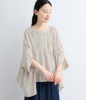リネン胸元ピンタックコクーン半袖2wayブラウス(ナチュラル-F)