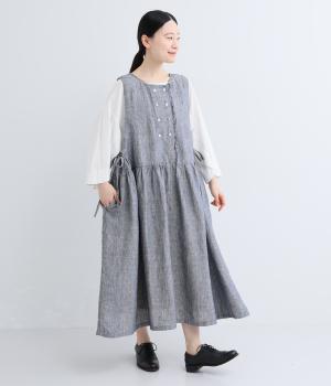 ピンストライプフロントフリルW貝釦ノースリーブワンピース(ピンストライプ-F)