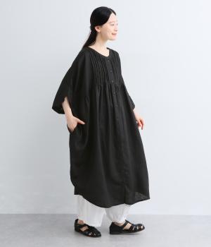 リネン胸元ピンタックコクーン半袖2wayワンピース(ブラック-F)