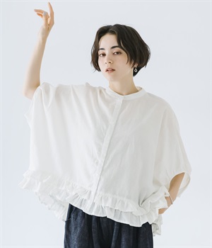 リネン裾二段フリル前開本貝釦ブラウス(オフ-ONESIZE)