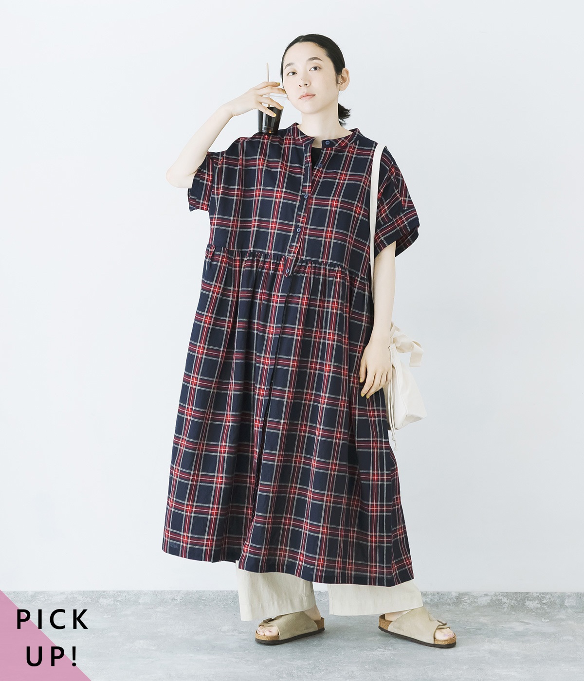 別注｜リネンチェック　バンドカラー切替比翼　二枚袖半袖前開きワンピース(ネイビー×レッド-ONESIZE)