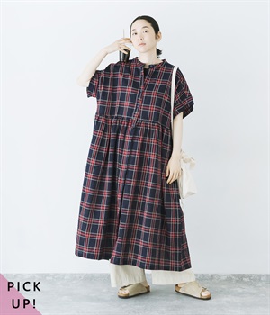 別注｜リネンチェック　バンドカラー切替比翼　二枚袖半袖前開きワンピース(ネイビー×レッド-ONESIZE)