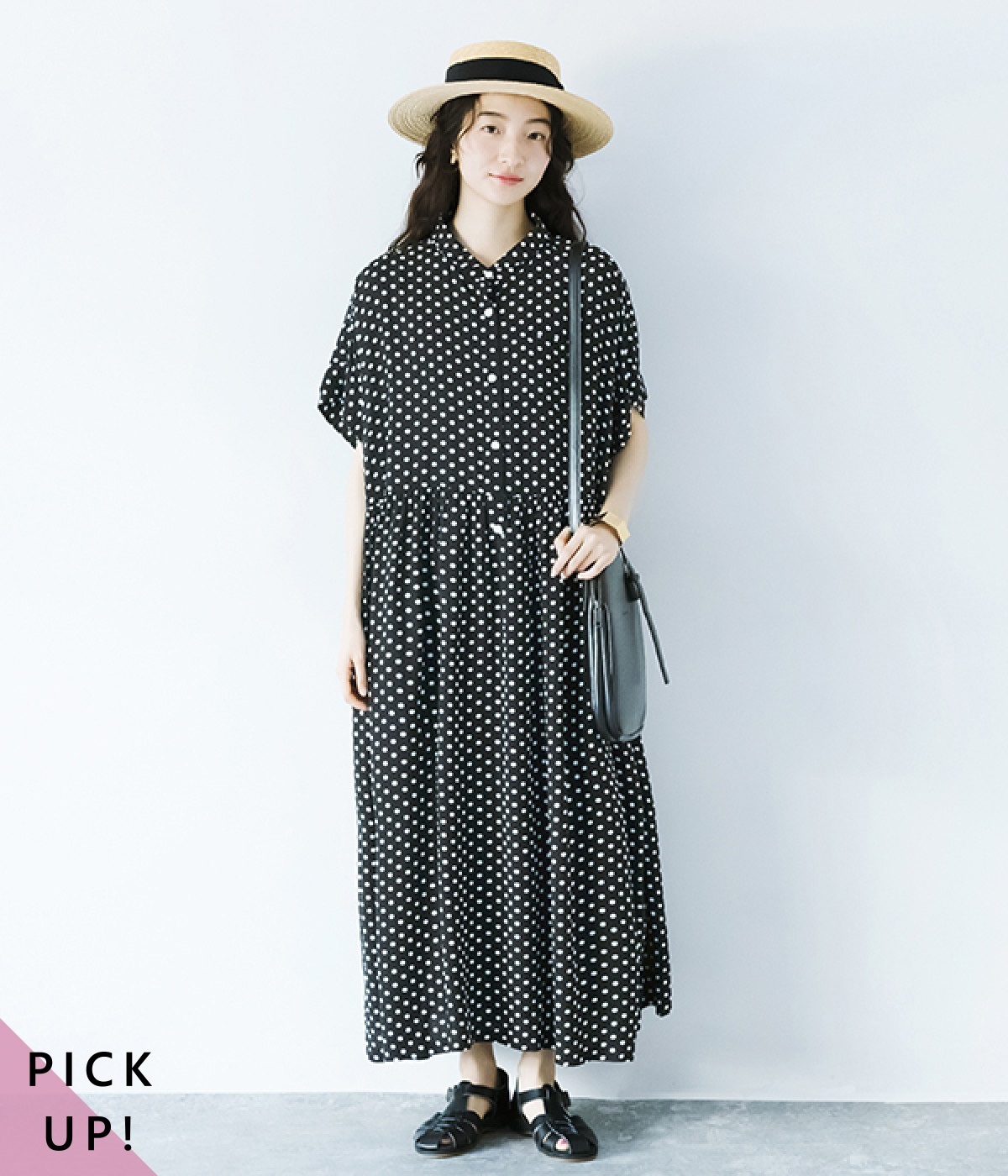 一部別注｜ウエストギャザー　かぶり半袖ワンピース(ブラックドット-F)