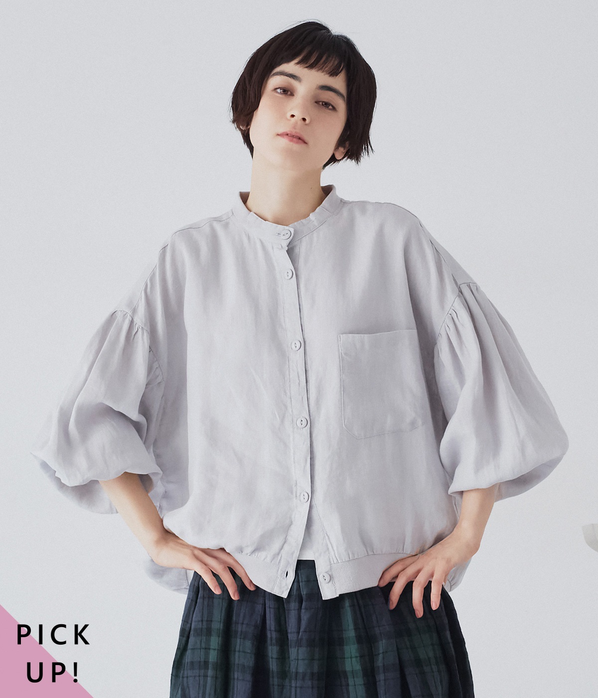 リブ付猫目釦長袖ブラウス(アイスグレー-F)