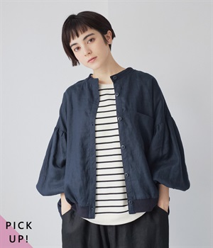 リブ付猫目釦長袖ブラウス(ダークネイビー-F)