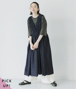 コットンリネンループ染めインディゴ前後フリル使い2wayノースリーブワンピース(インディゴ-F)