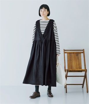 【8月下旬発売予定】14番手洗いざらしリネン無地前後フリル使い2wayノースリーブワンピース(ブラック-F)
