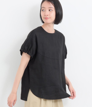 14番手フレンチリネン平織り ヨークキリカエブラウス(ブラック-ONESIZE)