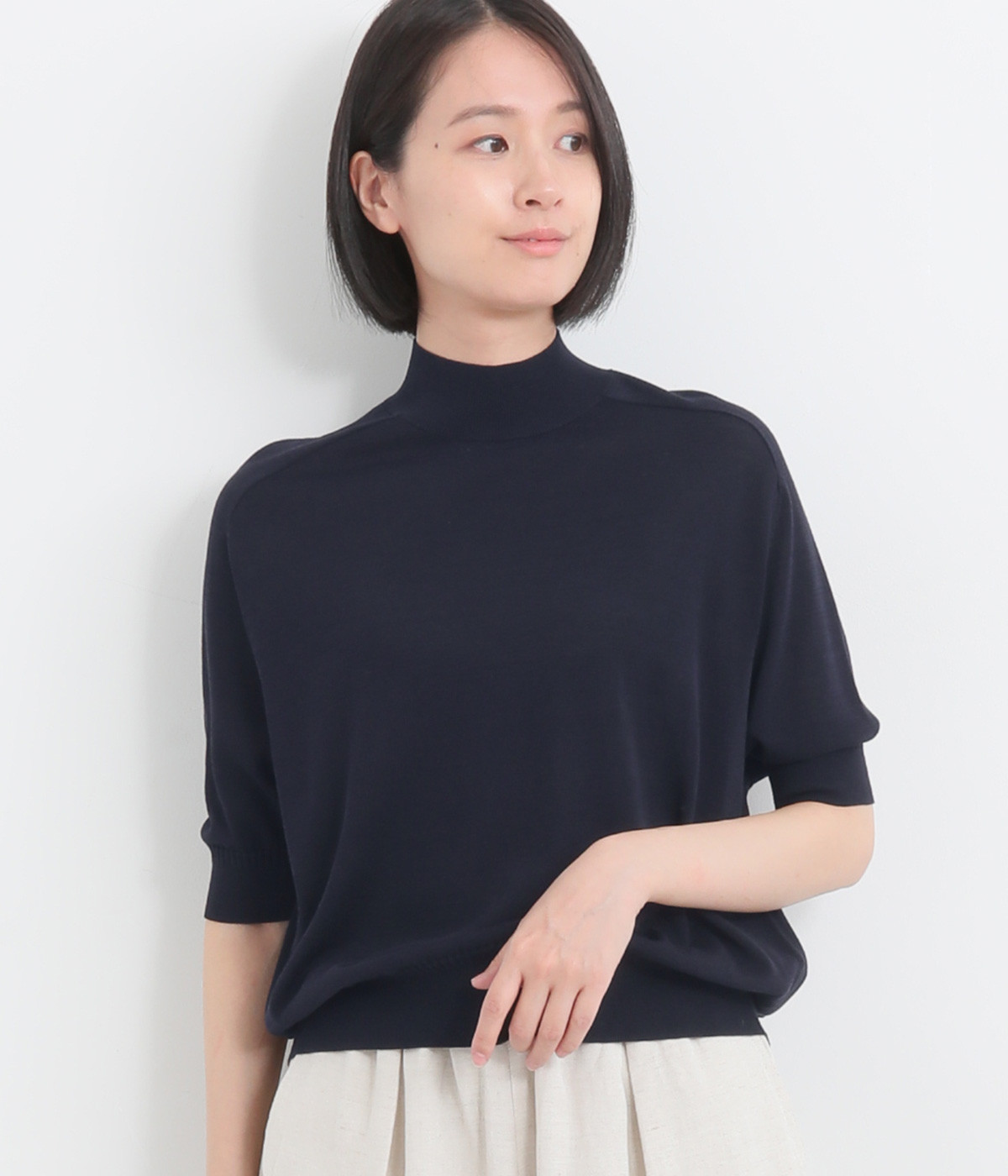 コットンテンセル強撚ストレート モックネックハーフスリーブプルオーバー(ネイビー-ONESIZE)