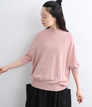 コットンテンセル強撚ストレート モックネックハーフスリーブプルオーバー(ピンク-F)