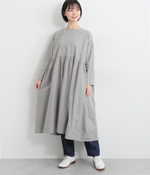 切替ギャザーワンピース(ブルーグレー-ONESIZE)