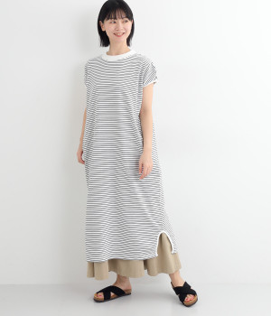 OE天竺ボーダー ワンピース(オフホワイト×チャコール-ONESIZE)