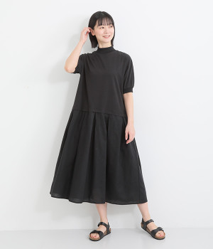 ハーフシルケット天竺布帛切り替えタックワンピース(ブラック-ONESIZE)