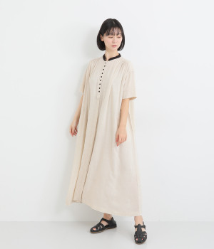 レーヨンリネンボイルギャザーワンピース(リネンベージュ-ONESIZE)