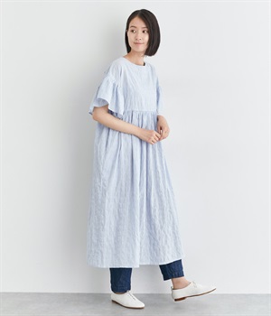 シャーリングフリルスリーブワンピース(ブルー×ネイビーストライプ-ONESIZE)