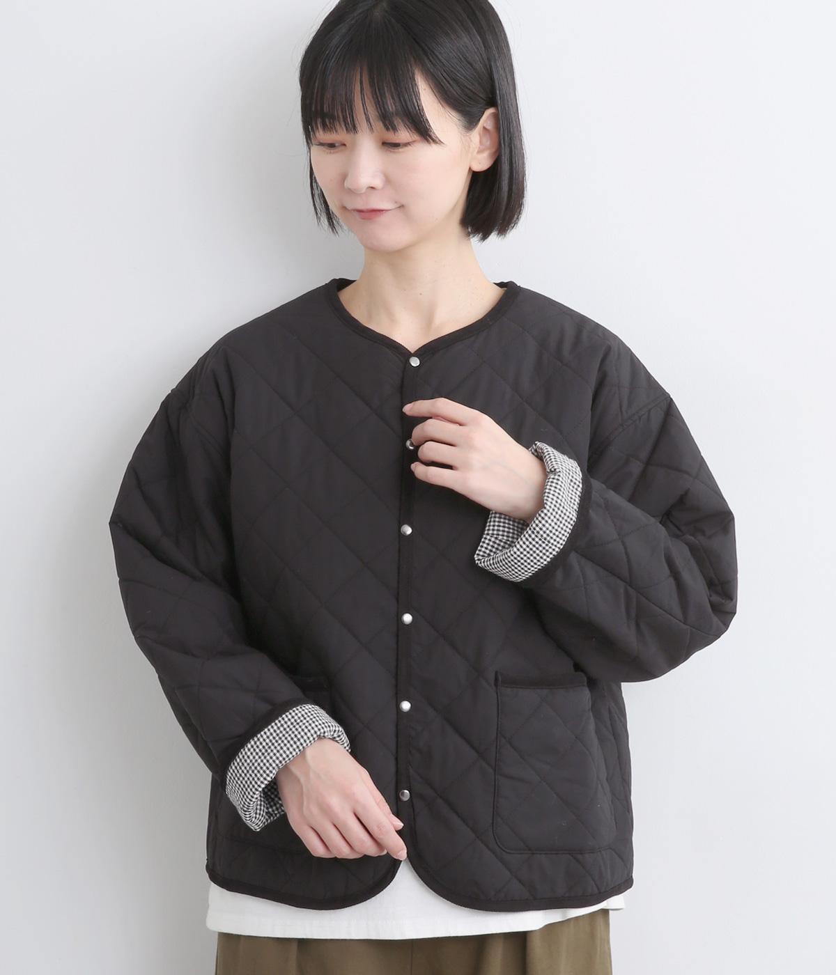 コットンクロスウールコットンキルトリバーシブルブルゾン(ブラック-F)