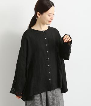 リネン刺繍スリーブブラウス(ブラック-F)