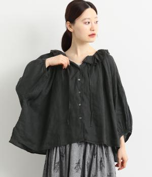 フリルカラーリネンブラウス(ブラック-F)