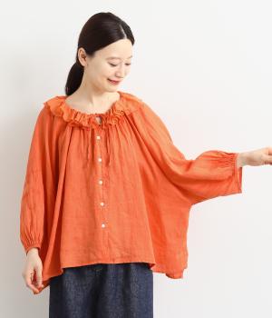 フリルカラーリネンブラウス(オレンジ-F)