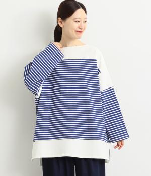 カタヌキキリカエボーダービッグロンTシャツ(ブルー×オフ-F)