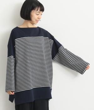 カタヌキキリカエボーダービッグロンTシャツ(ネイビー×オフ-F)