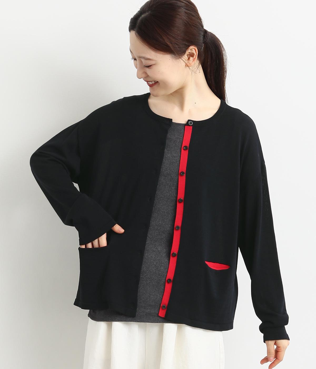 ポイントカラーカーディガン(ネイビー×レッド-F)
