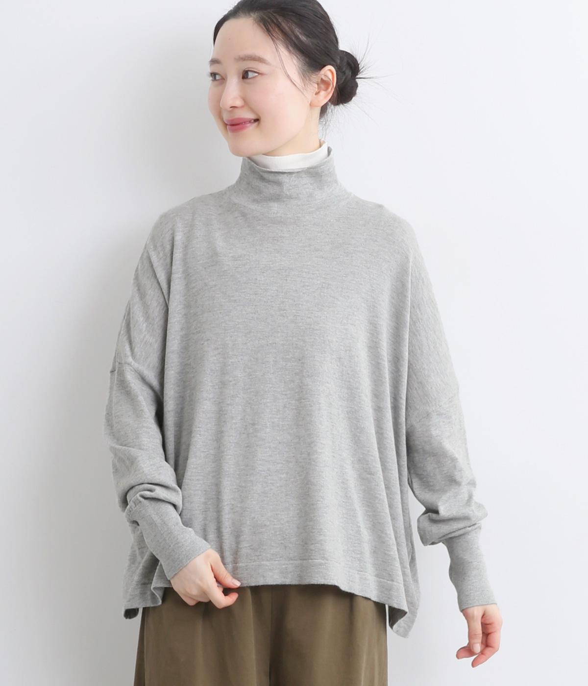 コットンメリノウールヤーンダブルネックタートルニットプルオーバー(トップグレー-F)