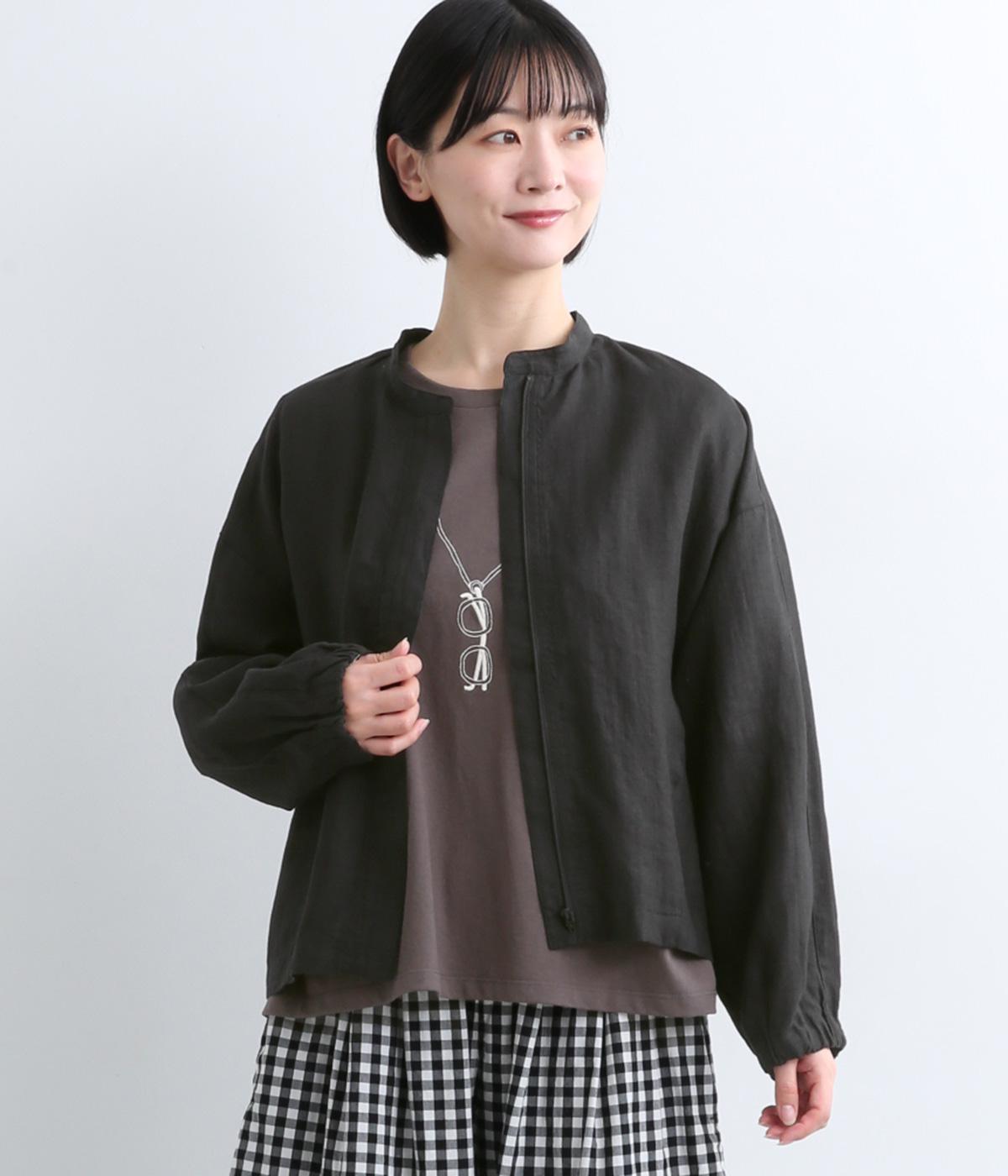 フレンチリネン平織りジップブルゾン(ブラック-F)