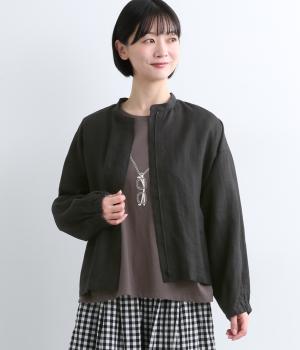 フレンチリネン平織りジップブルゾン(ブラック-F)