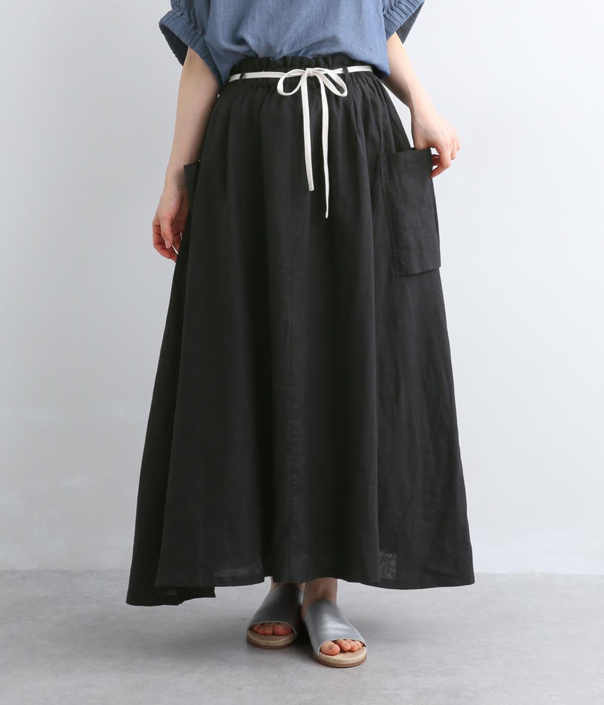 フレンチリネン平織りTCスレキサイドポケットリネンスカート(ブラック-F)