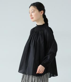 ボトルネック切替ギャザーブラウス(ブラック-F)