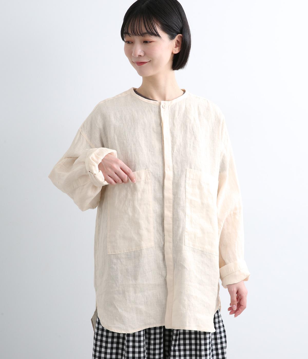 フレンチリネン平織りオーバーロングシャツ(ボーンホワイト-F)
