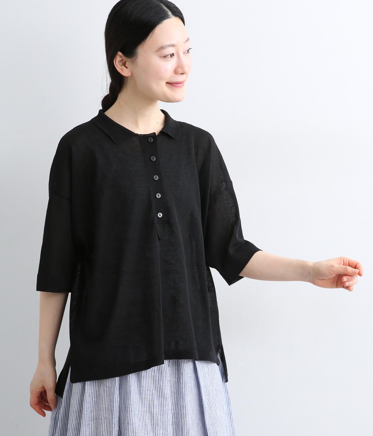 強撚糸ハイツイストヤーンニットポロシャツ(ブラック-F)