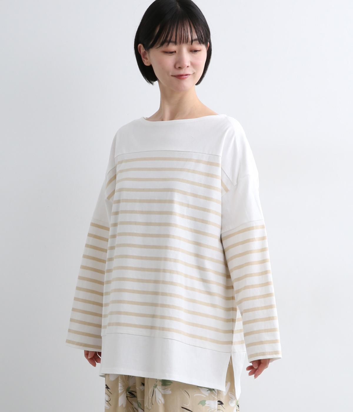 強撚先染めボーダー天竺パネルキリカエワイドプルオーバー(オフ×ベージュボーダー-F)