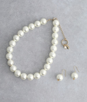 大玉パール　ラウンドネックレス＋ピアス　セット(カラー1-ONESIZE)