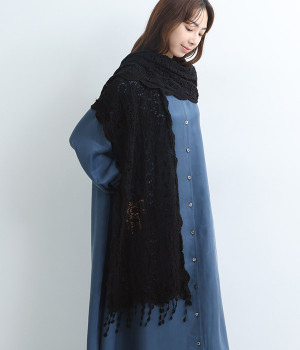 コットン すかし編みストール（ブラック・ONESIZE）